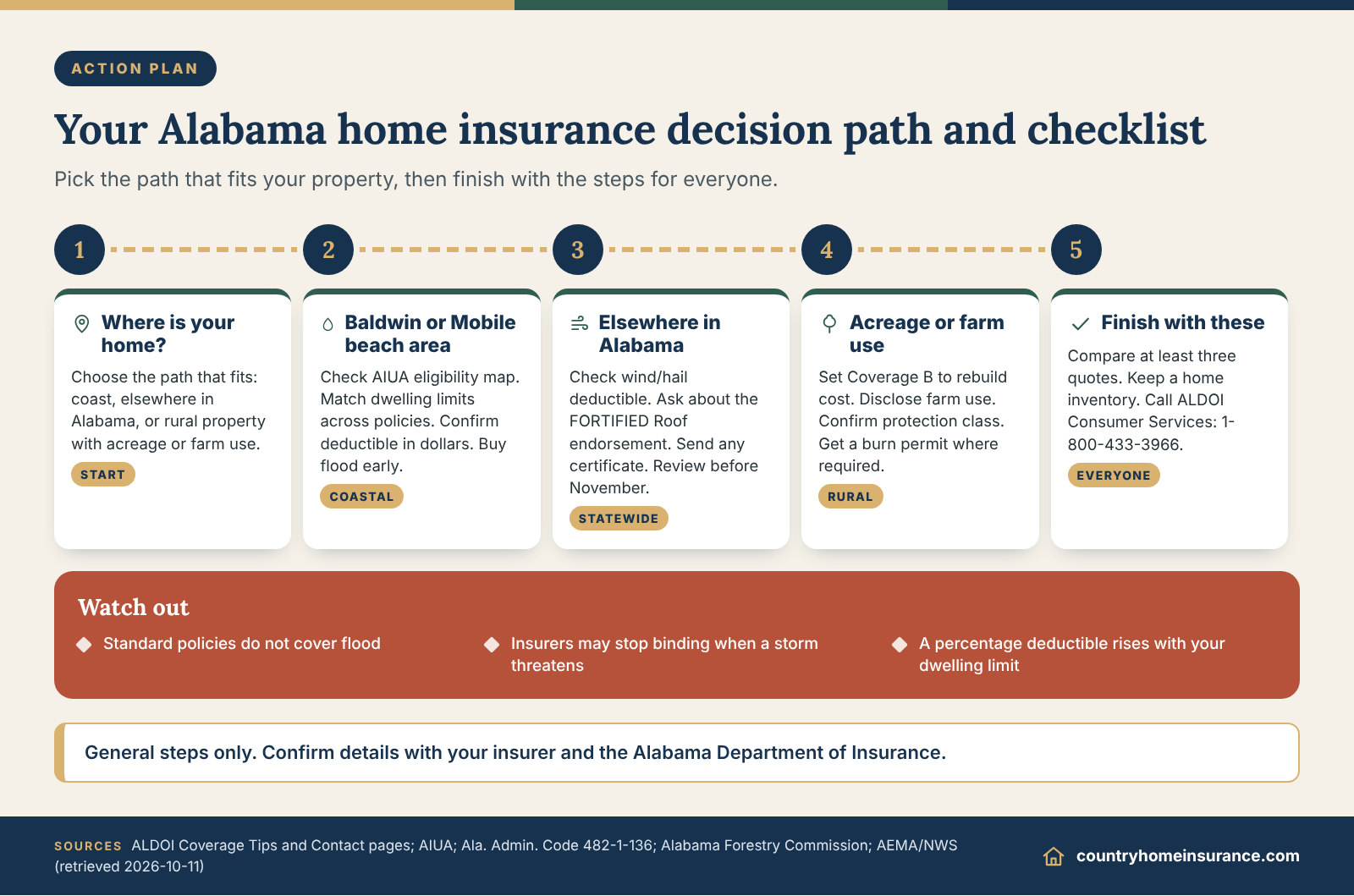 Infographic: decision path and checklist for Alabama homeowners insurance on the coast, inland and on rural land