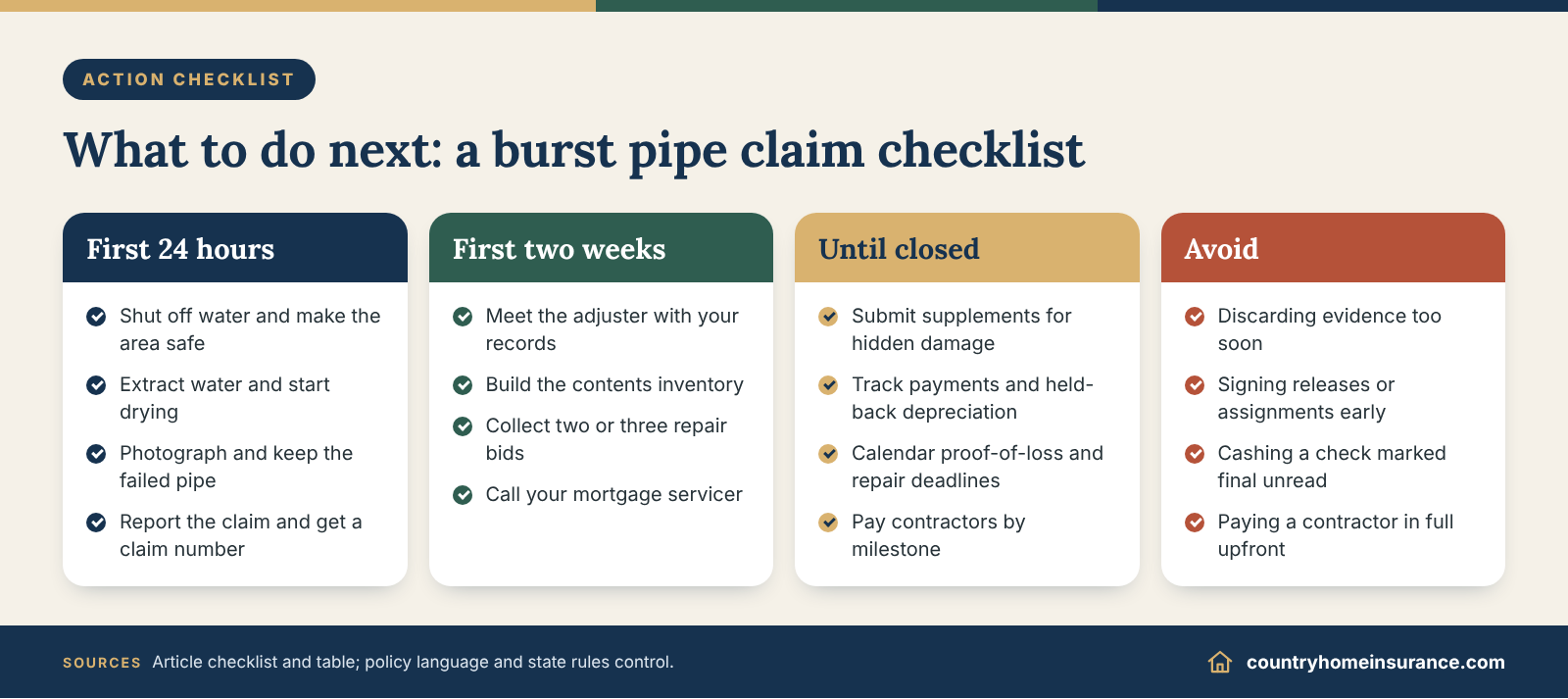 Infographic: action checklist for a burst pipe homeowners insurance claim, from first 24 hours to claim close-out