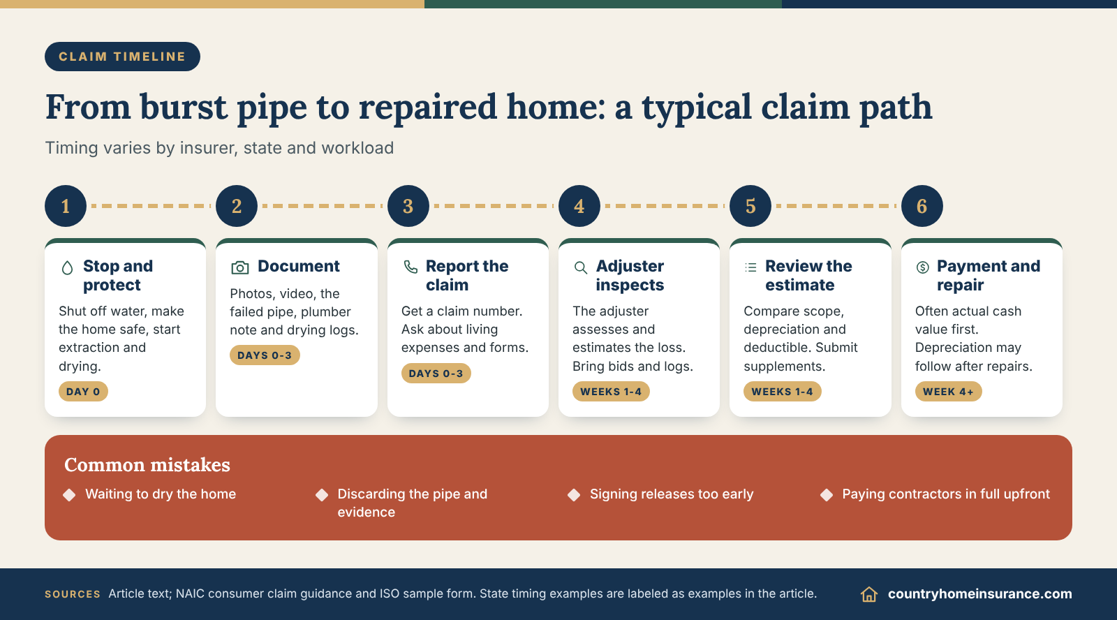 Infographic: burst pipe homeowners insurance claim timeline from water shutoff and documentation to payment and repair