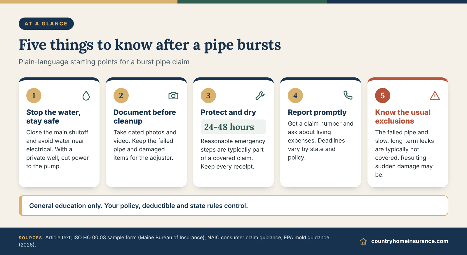 Infographic: five things to know before a burst pipe homeowners insurance claim, shown as numbered tiles