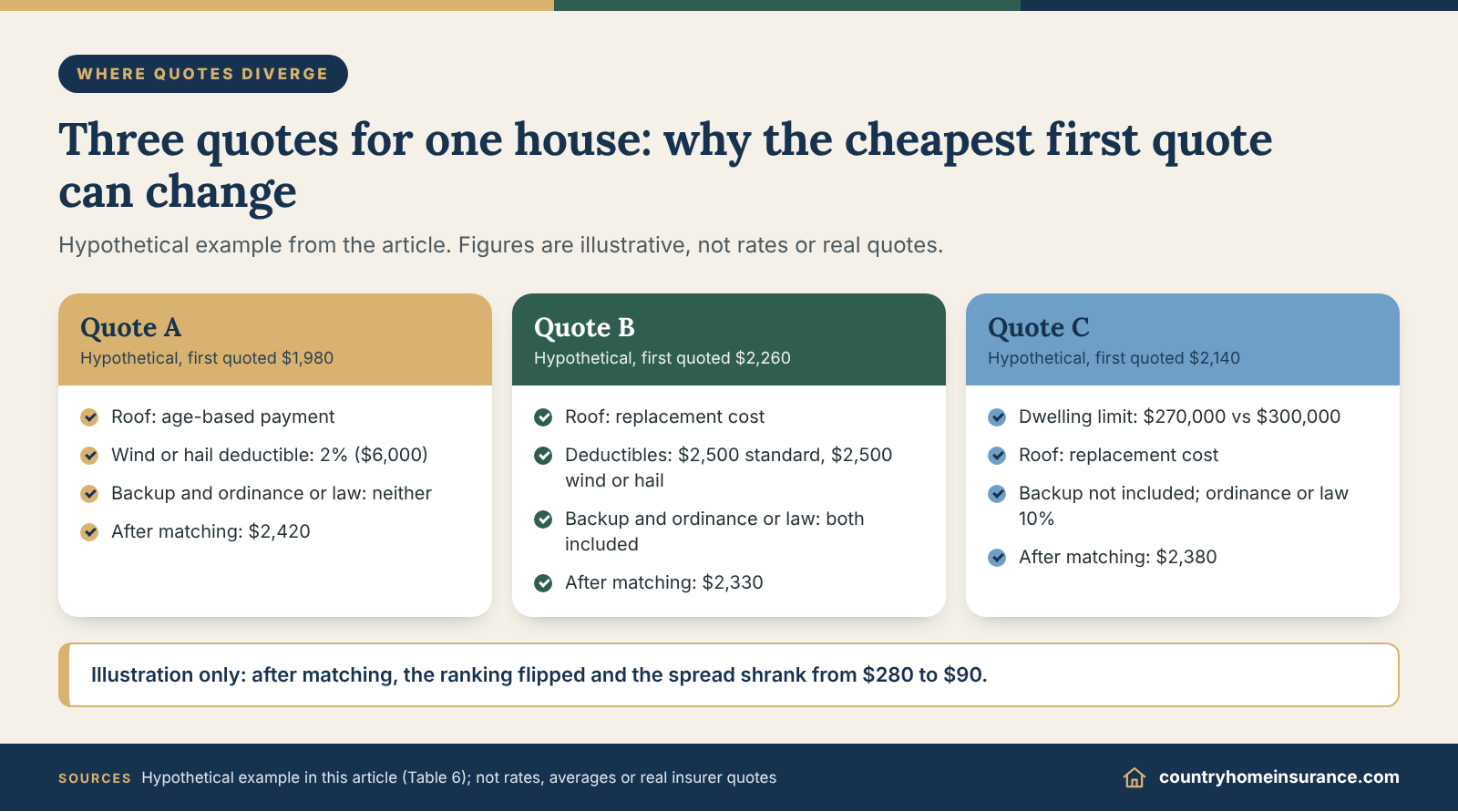 Infographic: hypothetical example of three homeowners insurance quotes that look different until limits and deductibles are matched