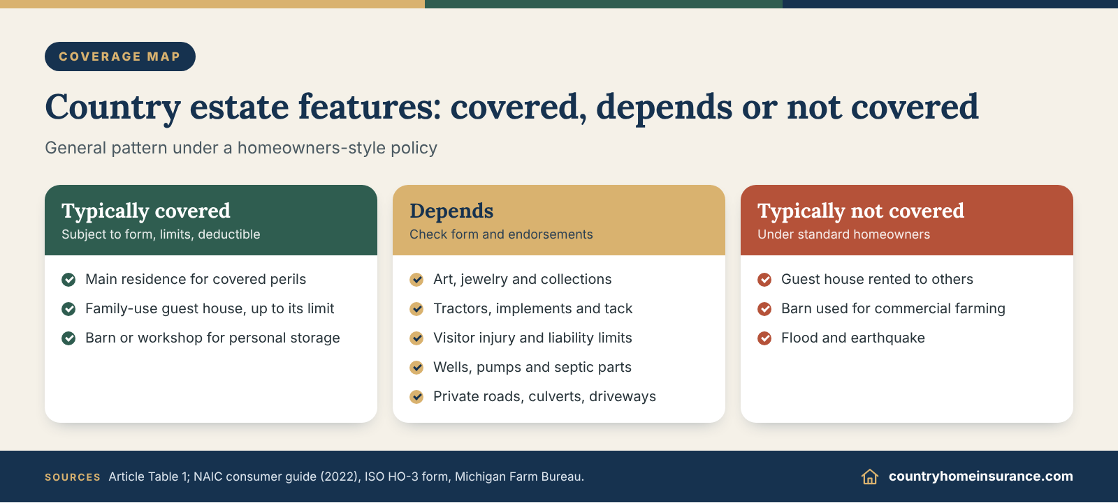 Infographic: country estate insurance coverage map sorting typically covered, depends and typically not covered estate features