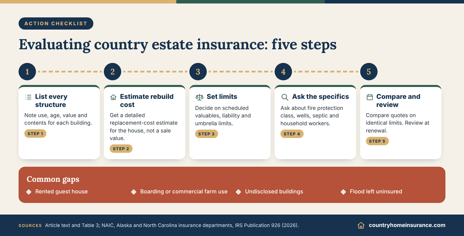 Infographic: step-by-step checklist for evaluating country estate insurance, from listing structures to comparing quotes