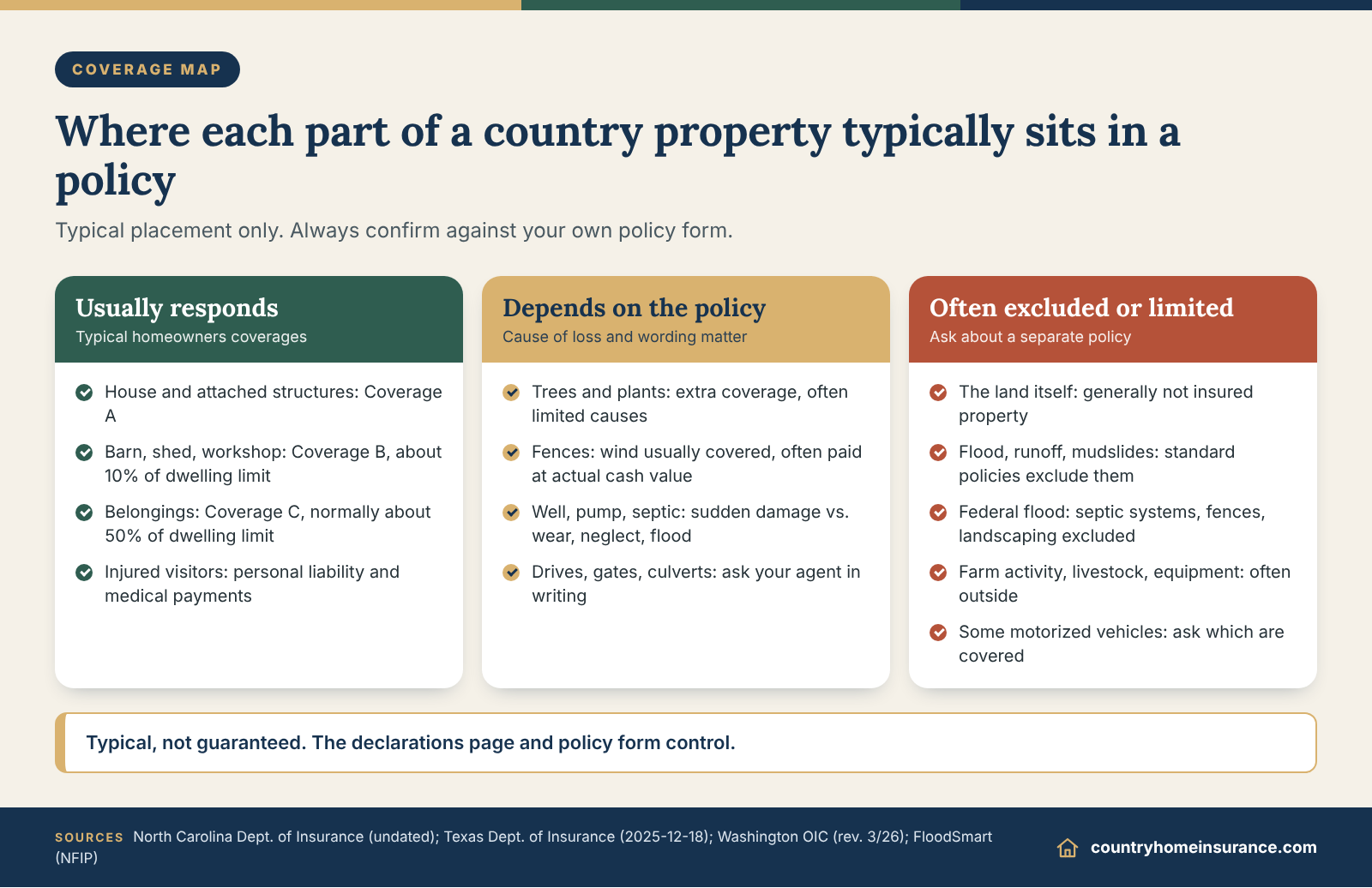 Infographic: country home insurance acreage coverage map showing what a policy usually covers, what depends and what is often excluded