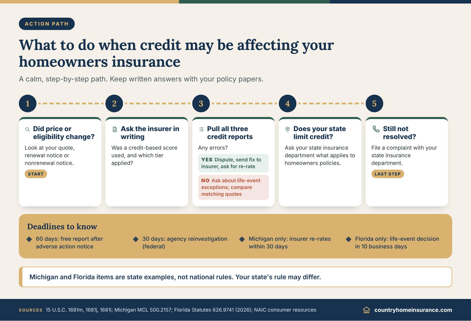 Infographic: decision path for when credit score homeowners insurance rates change, from asking the insurer to disputing errors