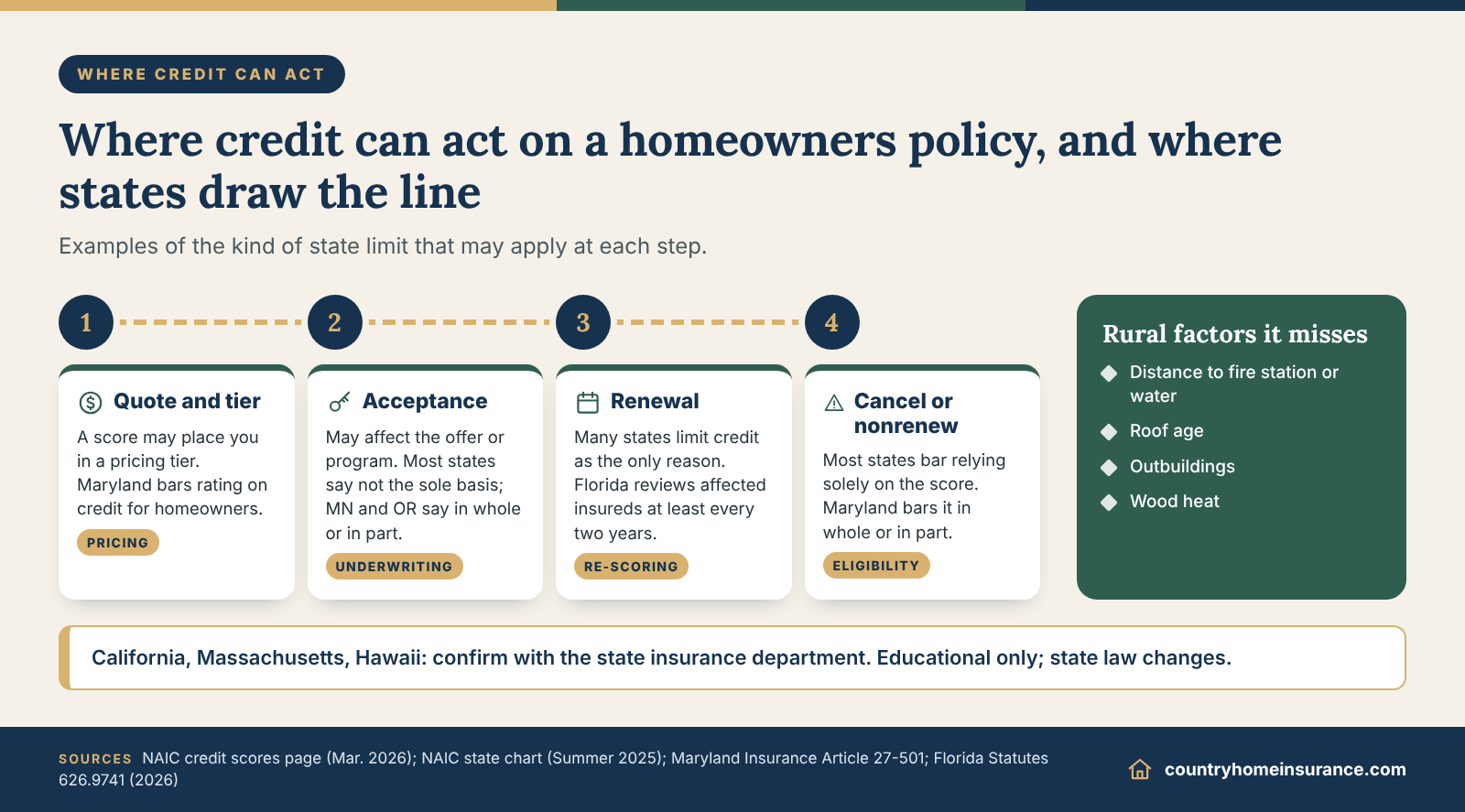 Infographic: educational ladder showing where credit score homeowners insurance rates and eligibility can change, with state limits