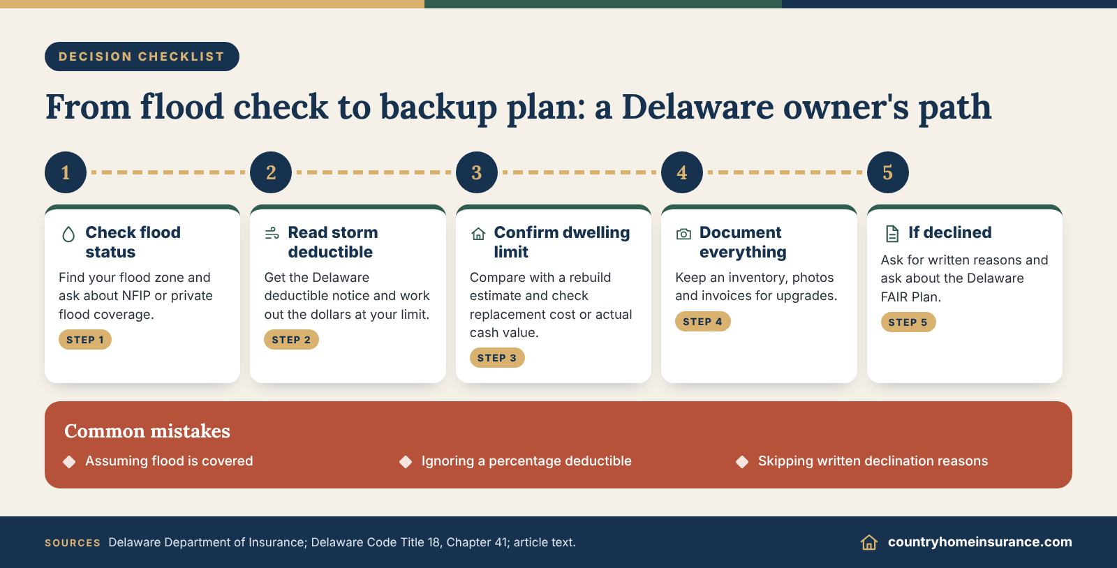 Infographic: decision path and checklist for Delaware homeowners insurance, from flood check to FAIR Plan backup