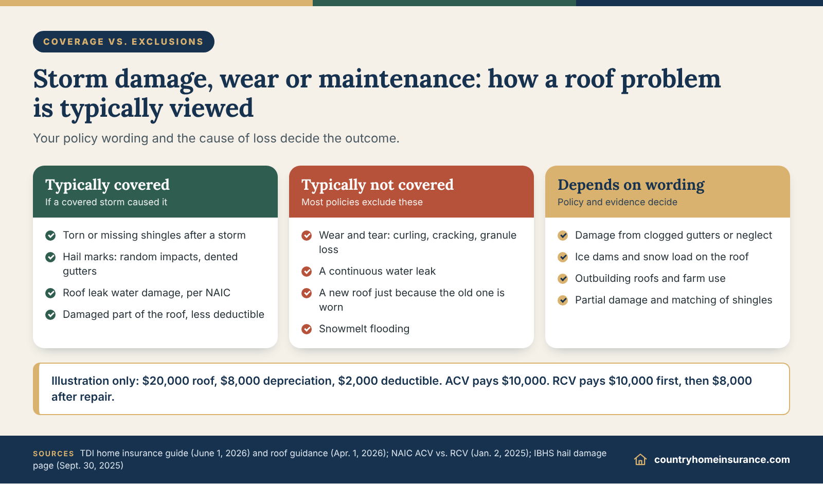 Infographic: fall roof inspection insurance matrix of what is typically covered, not covered or depends on policy wording