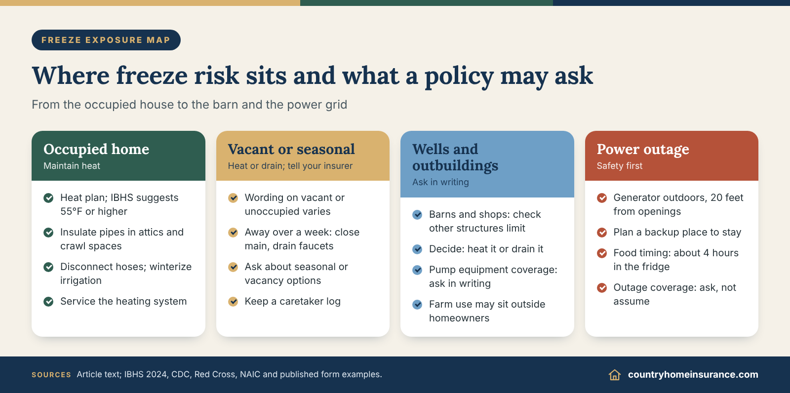 Infographic: where freeze risk sits in a freeze insurance checklist, from occupied home to vacant house, rural systems and power outage