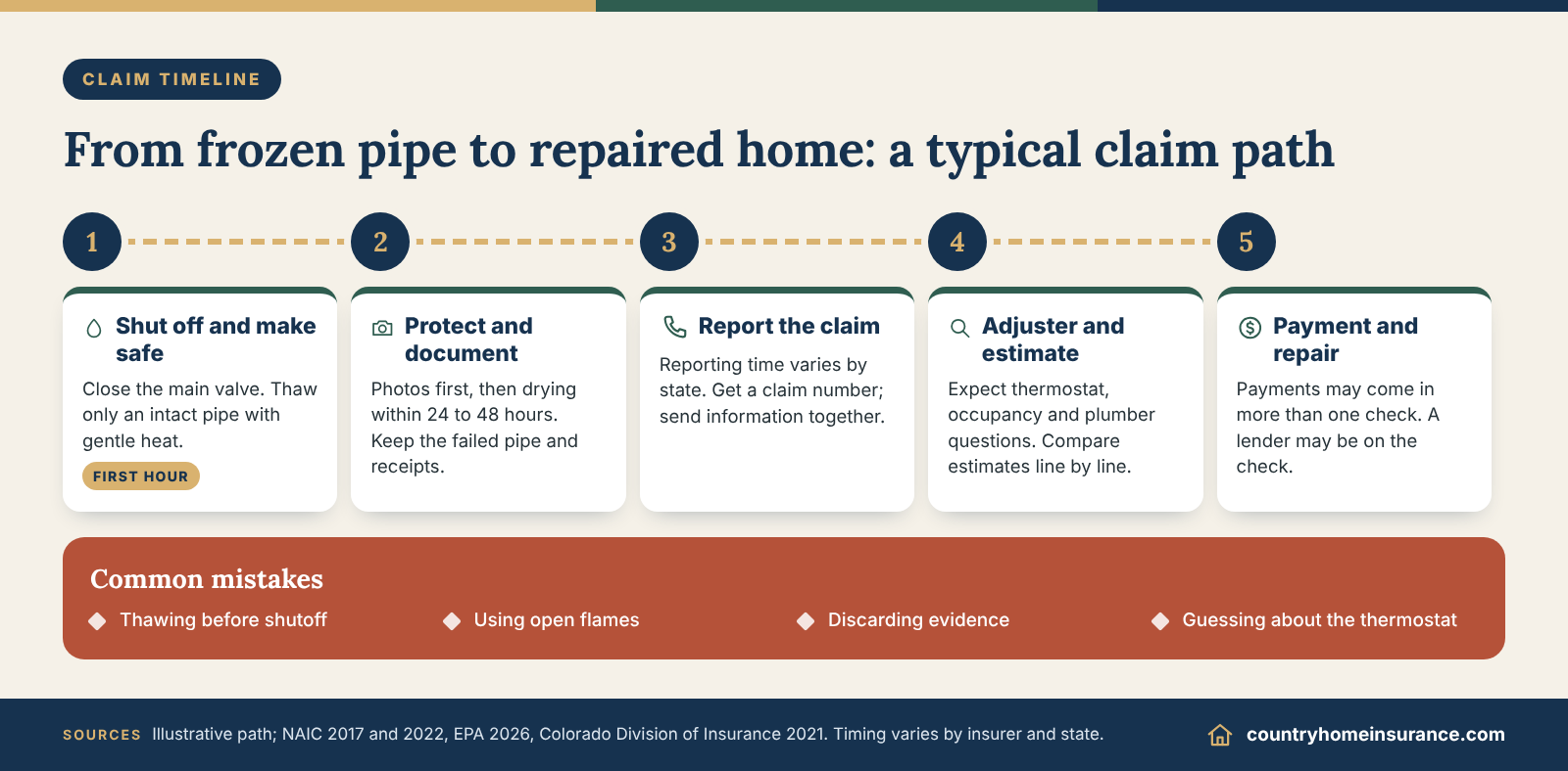 Infographic: frozen pipe insurance claim timeline from shutoff and documentation through adjuster visit to payment and repair