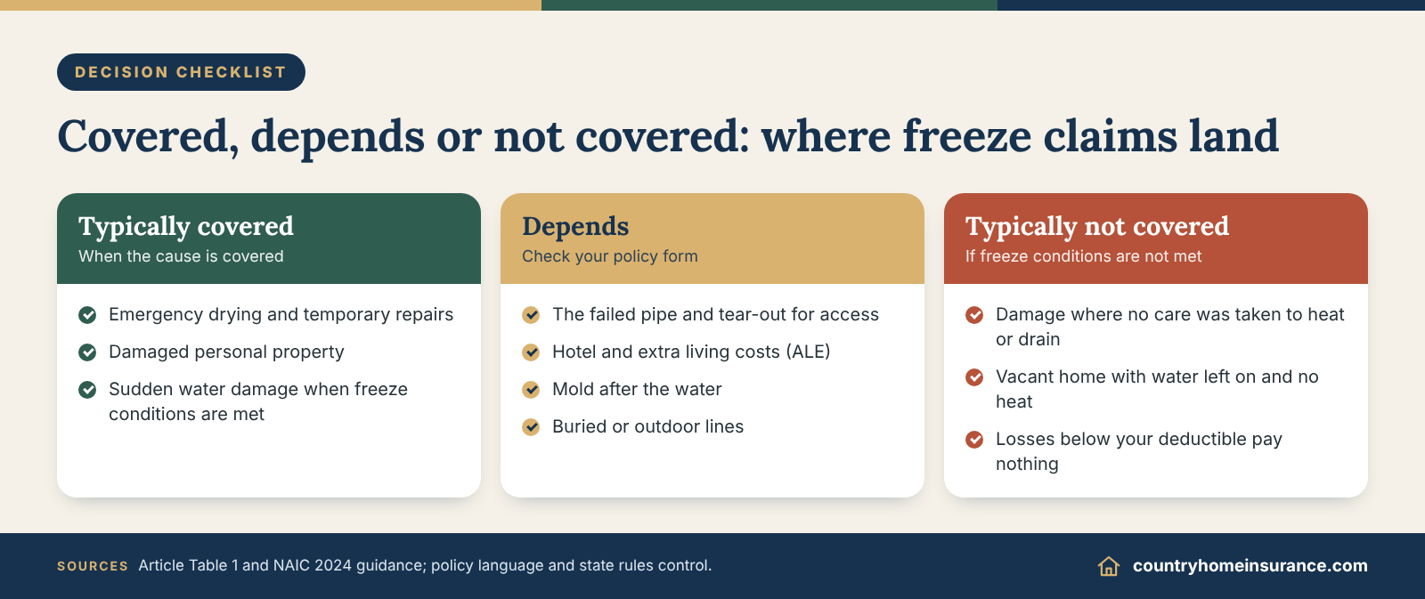 Infographic: decision checklist sorting typically covered, depends and typically not covered items in a frozen pipe insurance claim