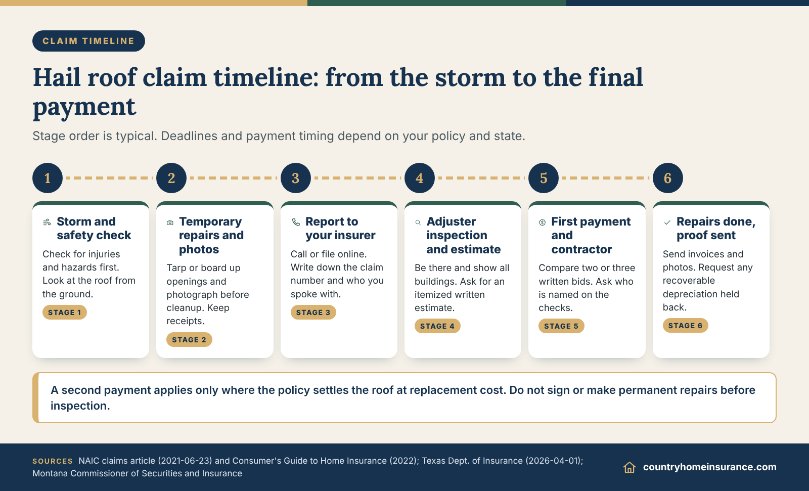 Infographic: six-stage timeline of a hail damage roof insurance claim, from the storm and temporary repairs to final payment