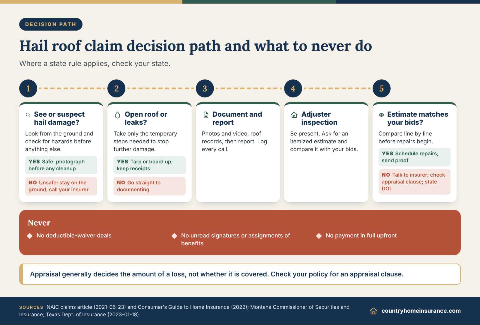 Infographic: decision path for a hail damage roof insurance claim, from safety and documenting to inspection, with three things to never do