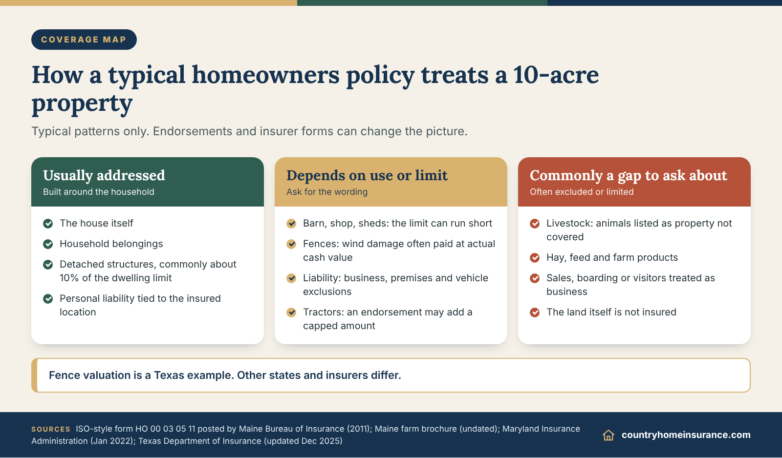 Infographic: coverage map showing how a typical homeowners policy treats the house, barns, fences, tractors and livestock on 10 acres