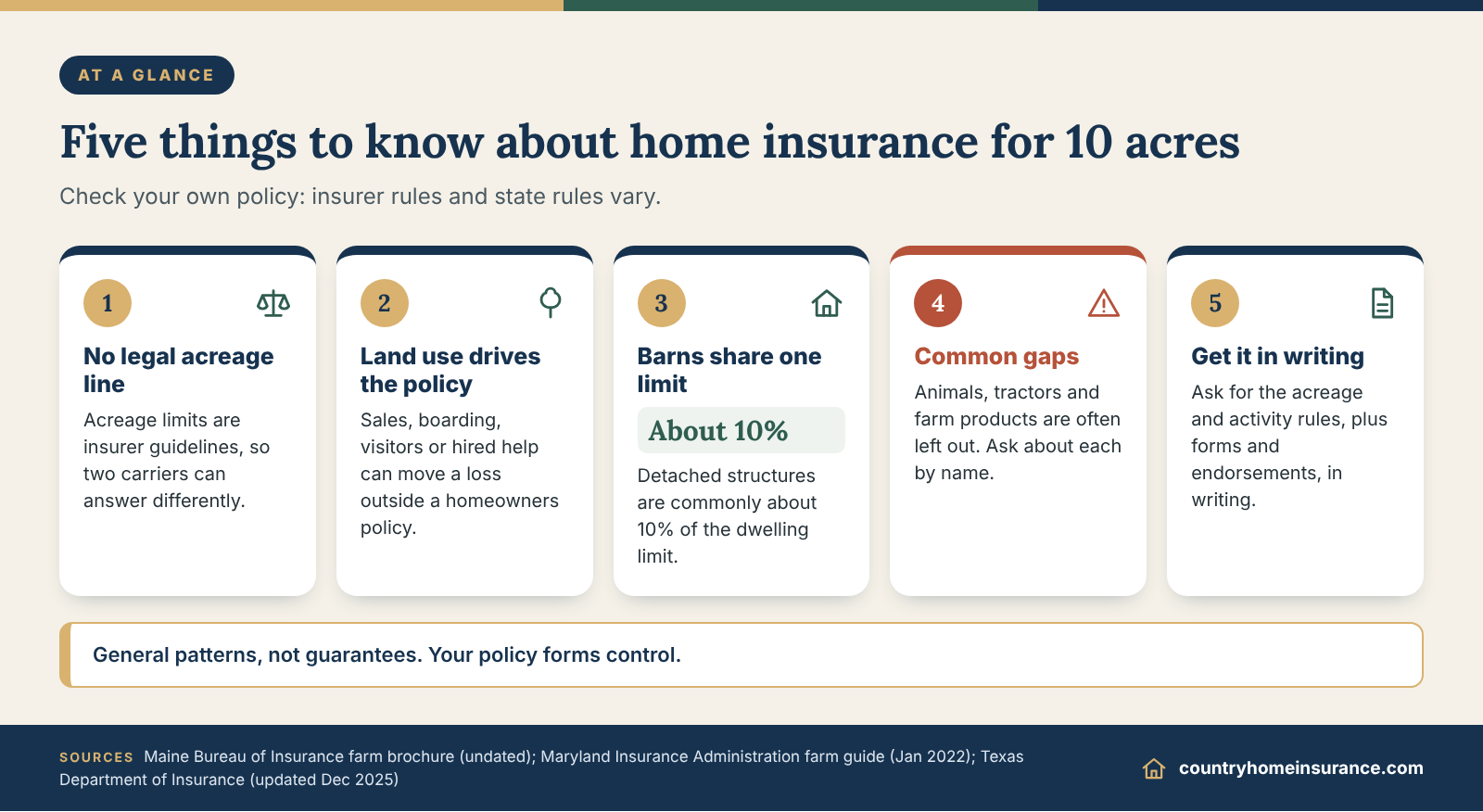 Infographic: five things to know about home insurance for 10 acres, from no legal acreage line to getting rules in writing