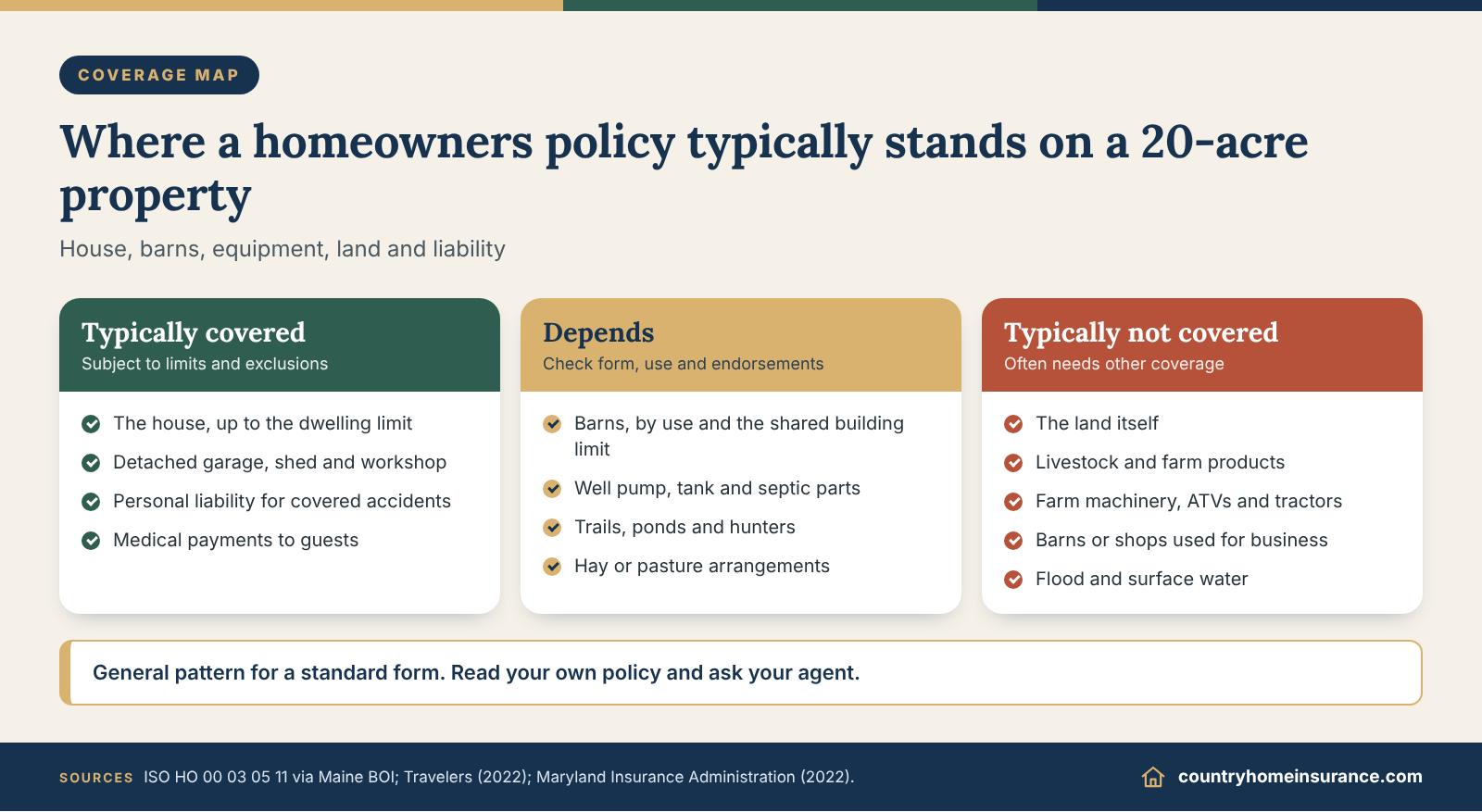 Infographic: coverage map showing which parts of a 20-acre property a homeowners policy typically covers, depends on or excludes