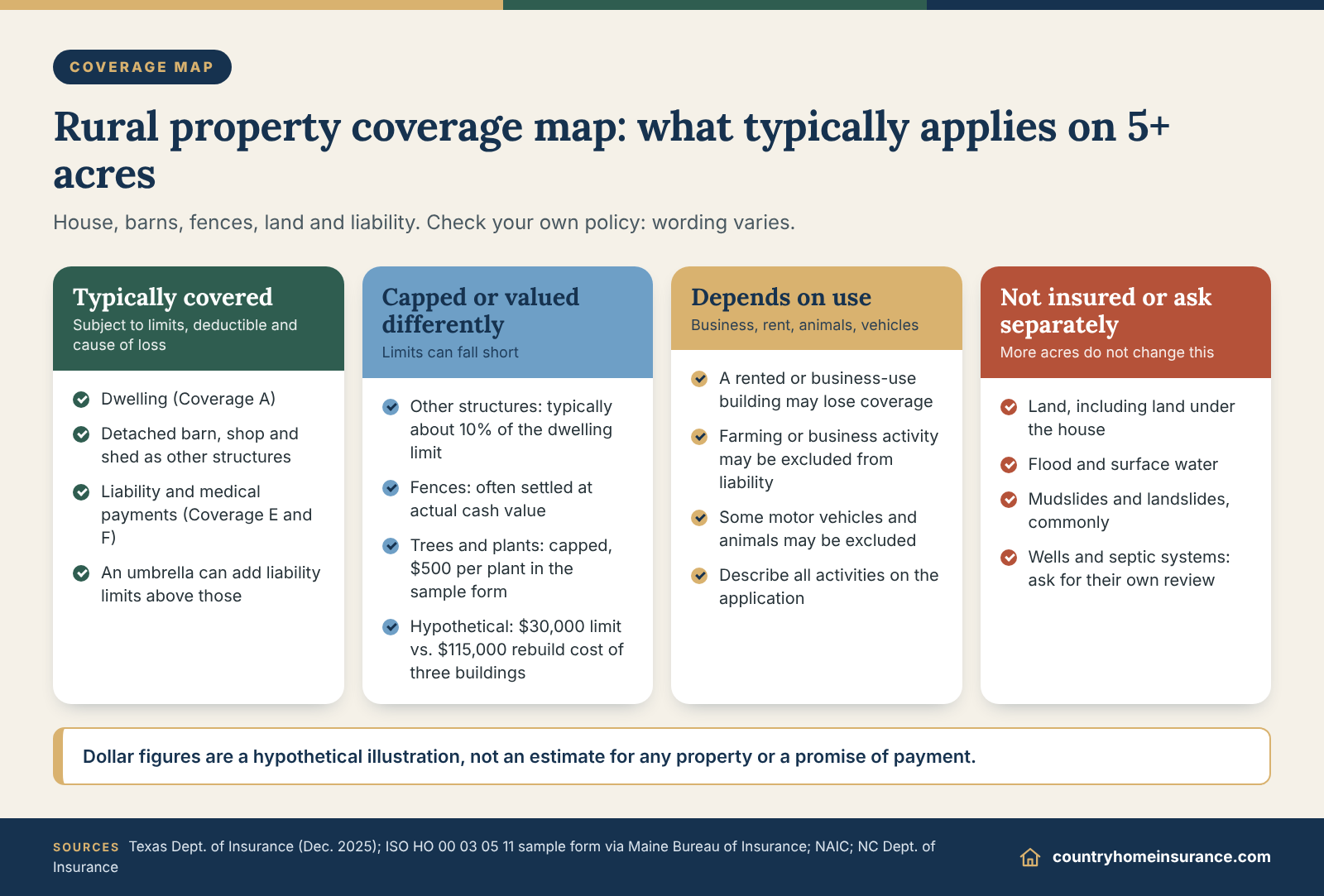 Infographic: what home insurance for acreage typically covers, caps or excludes across the house, barns, fences, land and liability