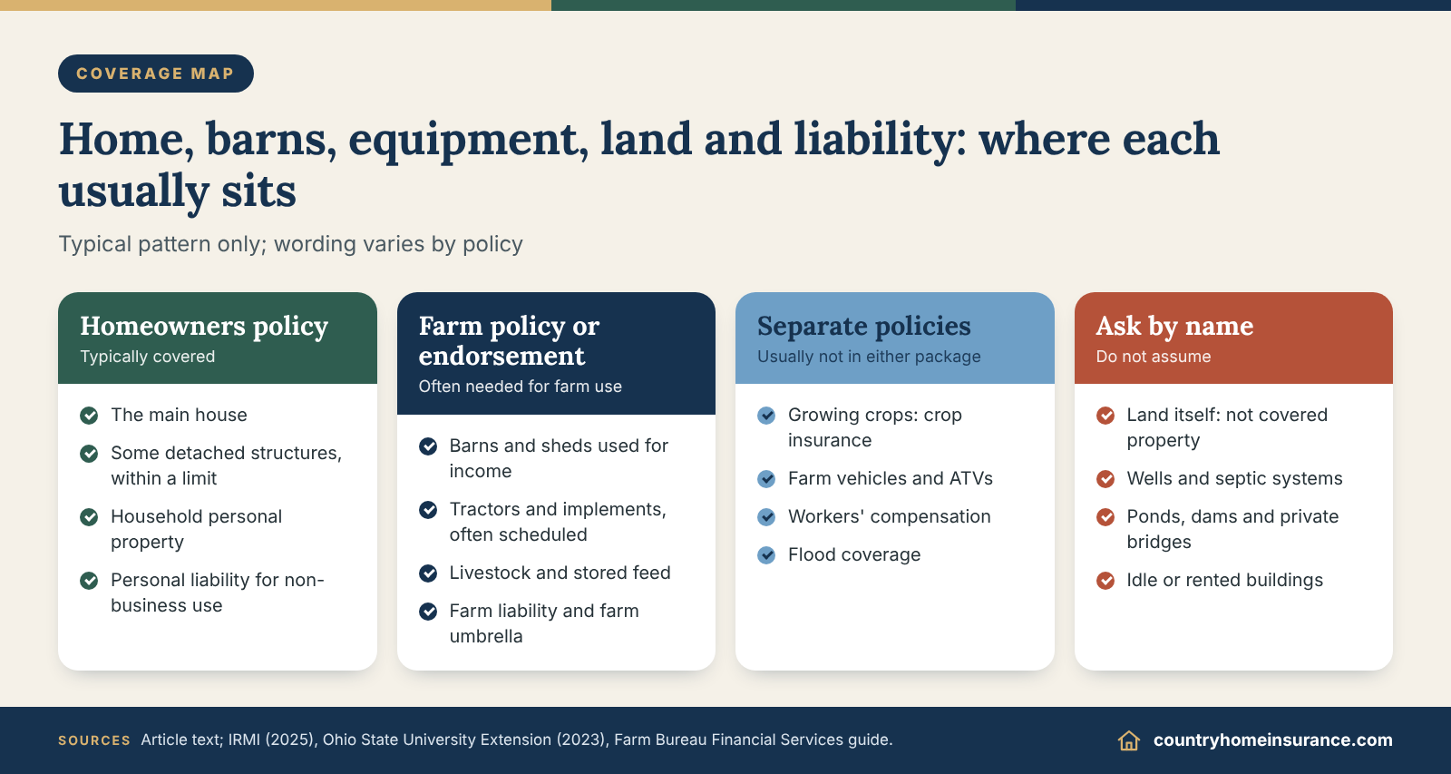 Infographic: coverage map for home insurance for large acreage showing home, barns, equipment, land and liability