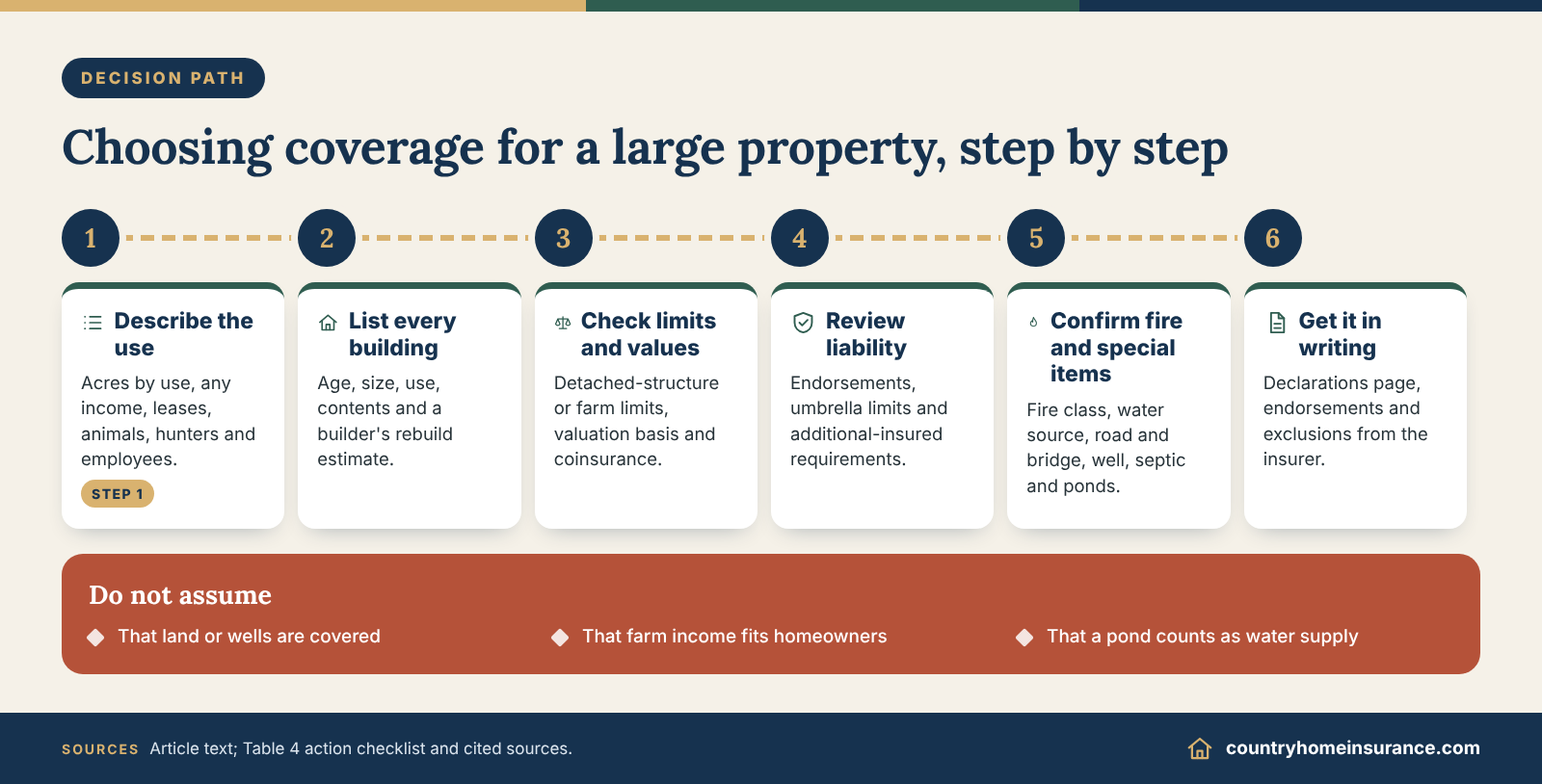 Infographic: decision path and checklist for choosing home insurance for large acreage, from land use to written answers