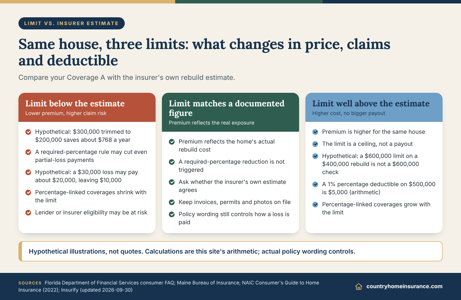 Infographic: dwelling coverage limit below, at and above the insurer's rebuild estimate and the effect on homeowners insurance cost