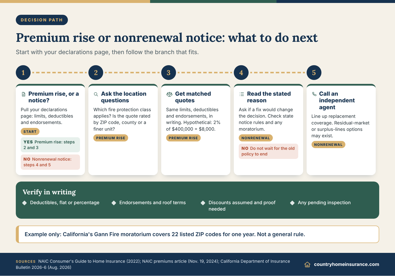 Infographic: decision path for a premium rise or nonrenewal notice, with steps to compare homeowners insurance by ZIP code