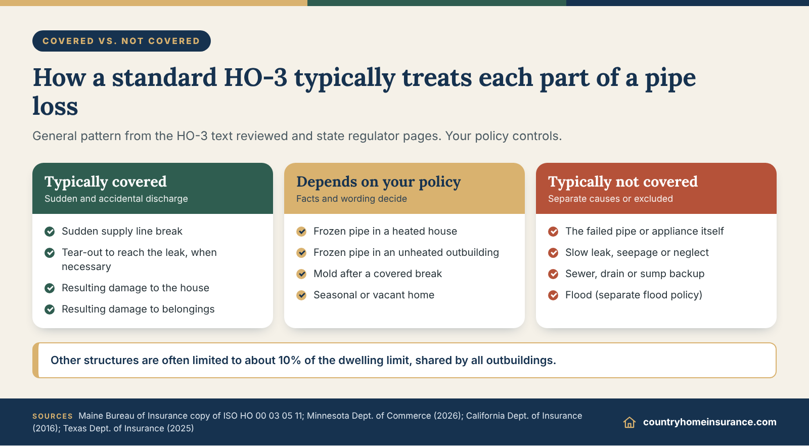 Infographic: matrix of what homeowners insurance typically covers, may cover or excludes in a burst pipe loss, including frozen pipes