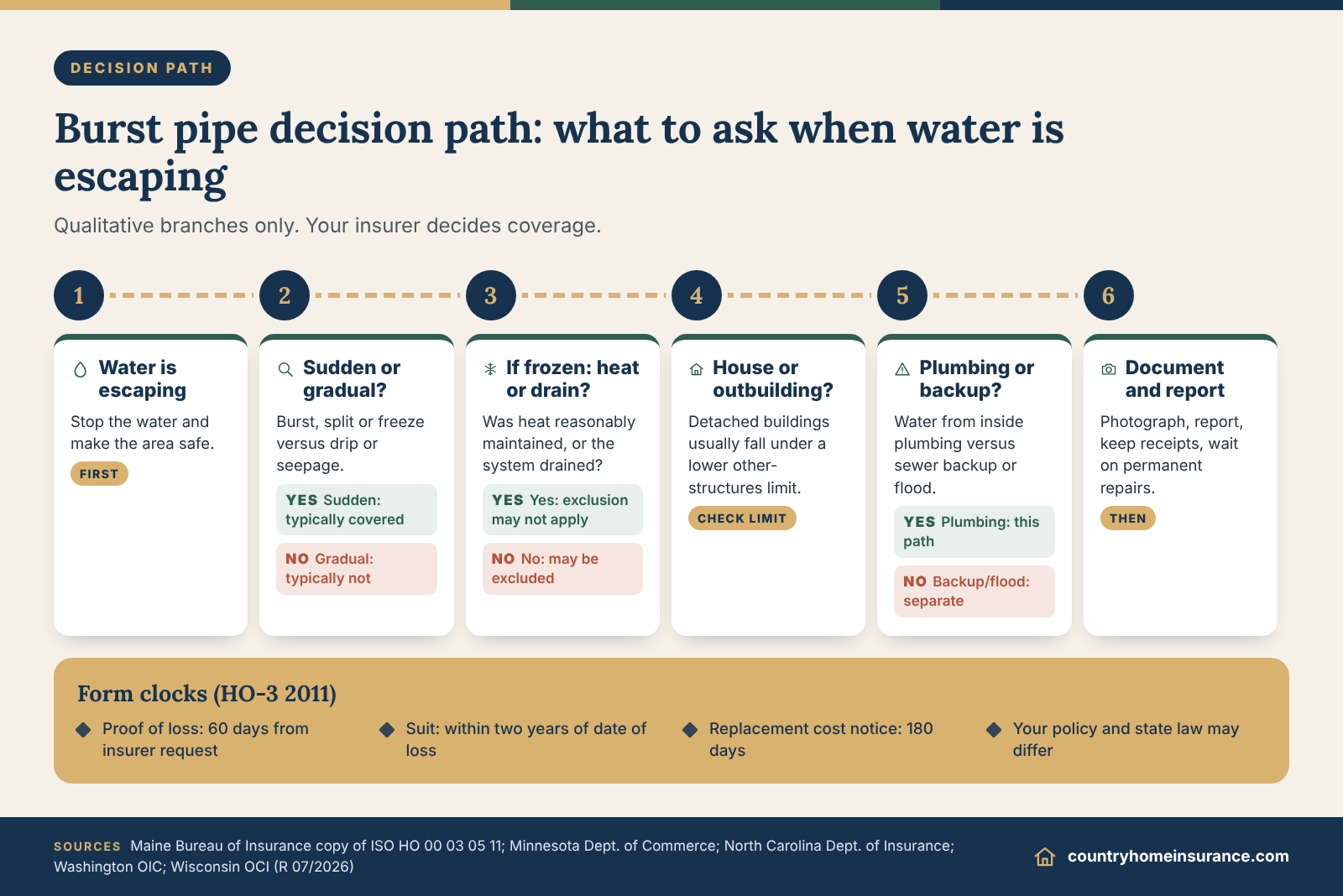 Infographic: burst pipe decision path separating sudden breaks from slow leaks, heat or drain, house versus outbuilding and backup
