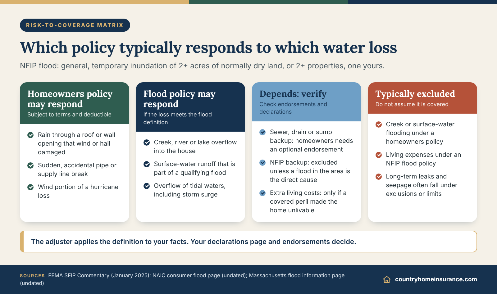Infographic: matrix showing which water losses a homeowners policy or flood policy typically covers, key to does homeowners insurance cover flood