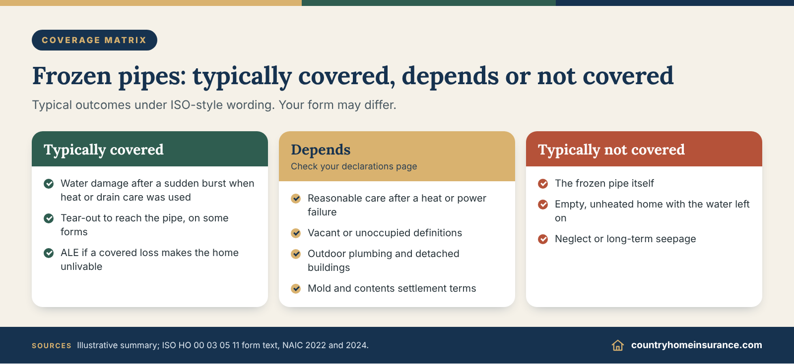 Infographic: covered, depends and not-covered items in a frozen pipe homeowners insurance claim, shown in three columns