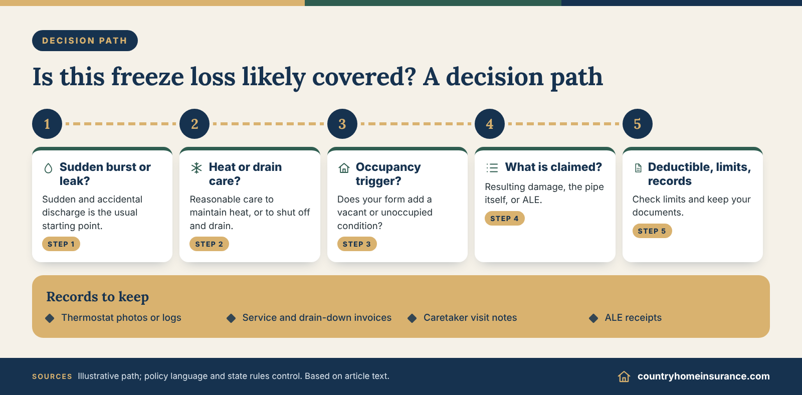 Infographic: decision path for whether homeowners insurance covers frozen pipes, from sudden burst to deductible and records
