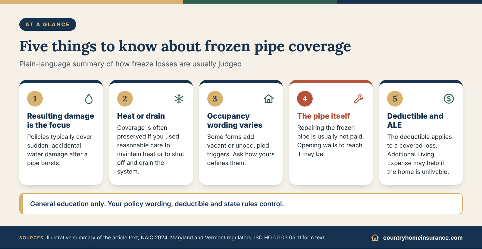 Infographic: five things to know about whether homeowners insurance covers frozen pipes, shown as numbered tiles
