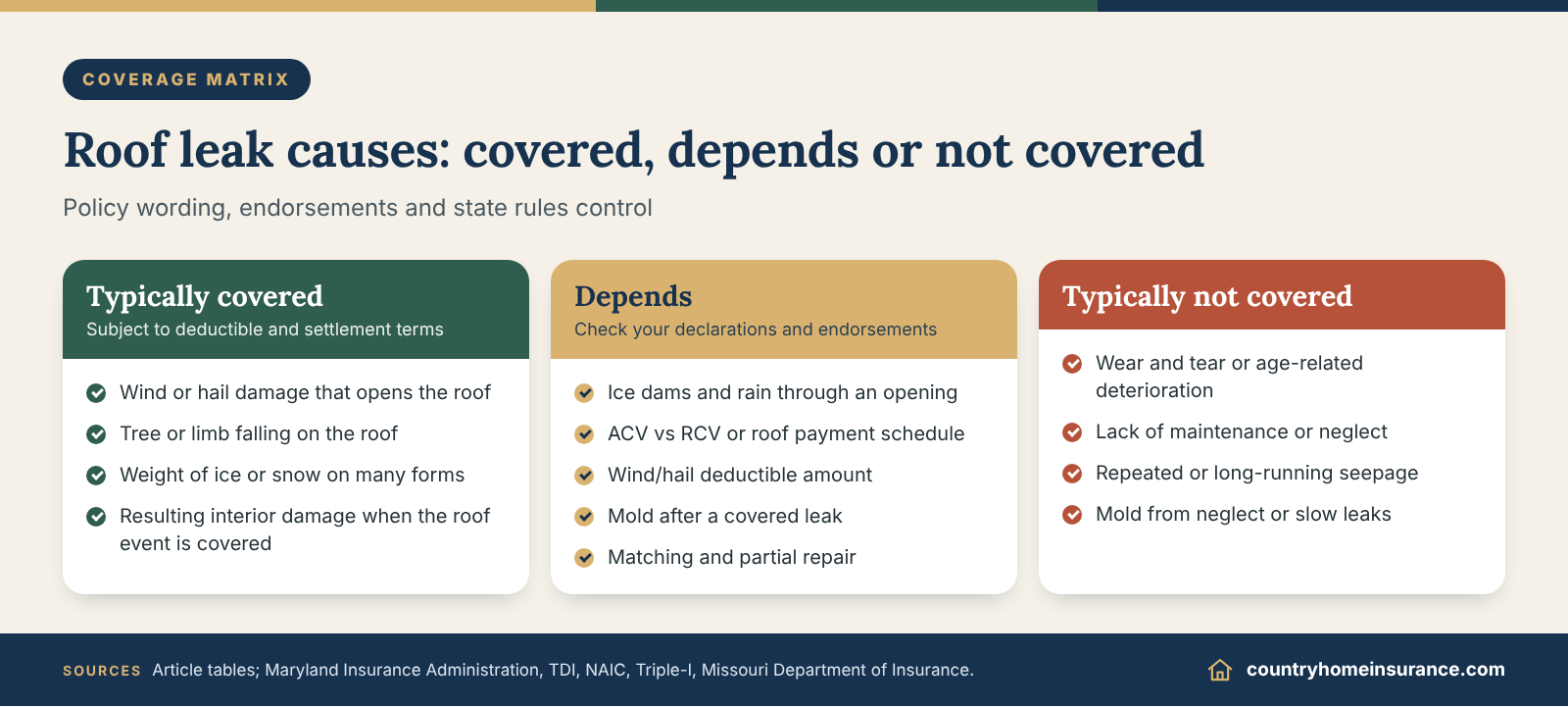 Infographic: matrix sorting roof leak causes into typically covered, depends and typically not covered for homeowners insurance