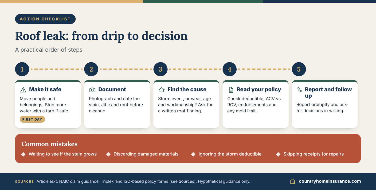 Infographic: step-by-step checklist for handling a roof leak and homeowners insurance claim, from safety to documentation and decision