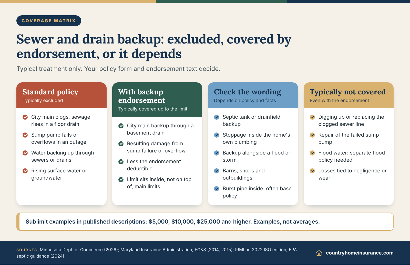 Infographic: coverage matrix showing how homeowners insurance covers sewer backup with and without an endorsement, plus gray areas