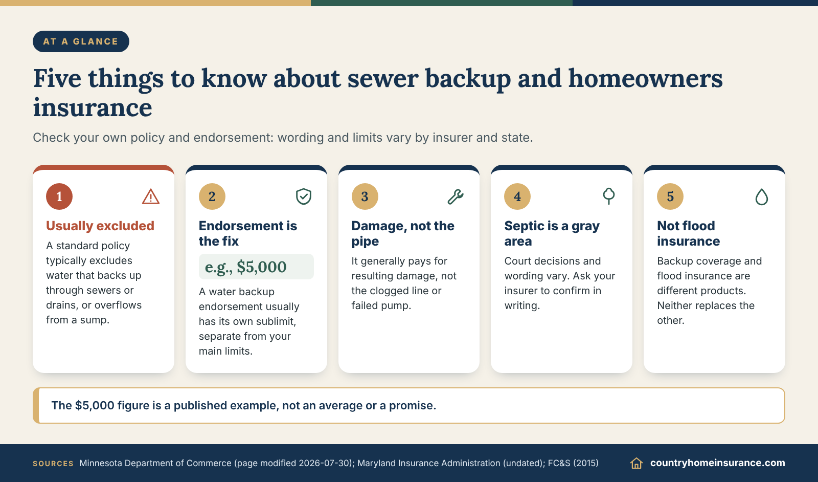 Infographic: five things to know about whether homeowners insurance covers sewer backup, from the exclusion to the endorsement limit