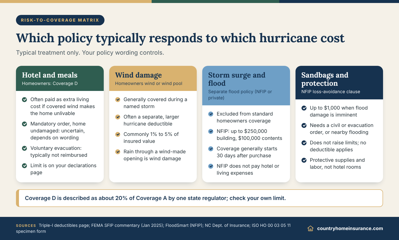 Infographic: hurricane evacuation insurance matrix of hotel, wind, flood and protection costs and the policy that typically responds