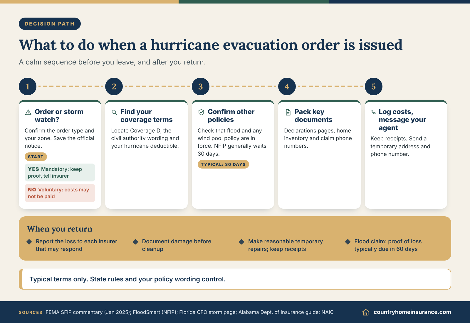 Infographic: step-by-step hurricane evacuation insurance checklist from the evacuation order to the claim after you return