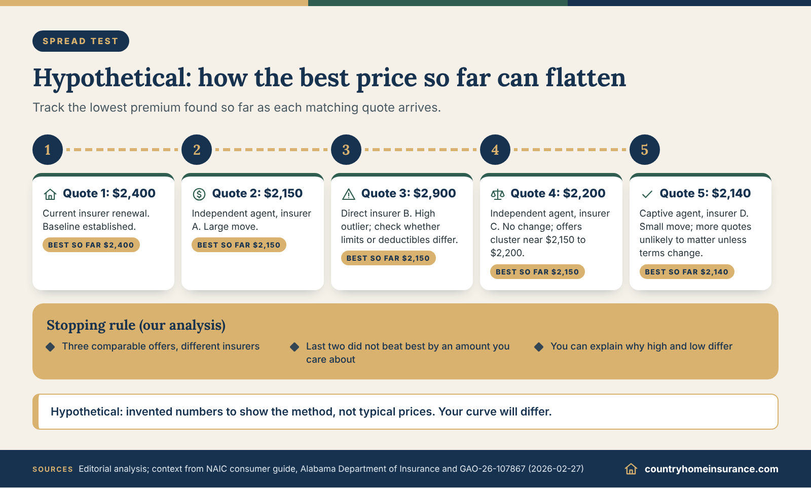 Infographic: hypothetical example of how many home insurance quotes it takes before the best price found so far stops dropping