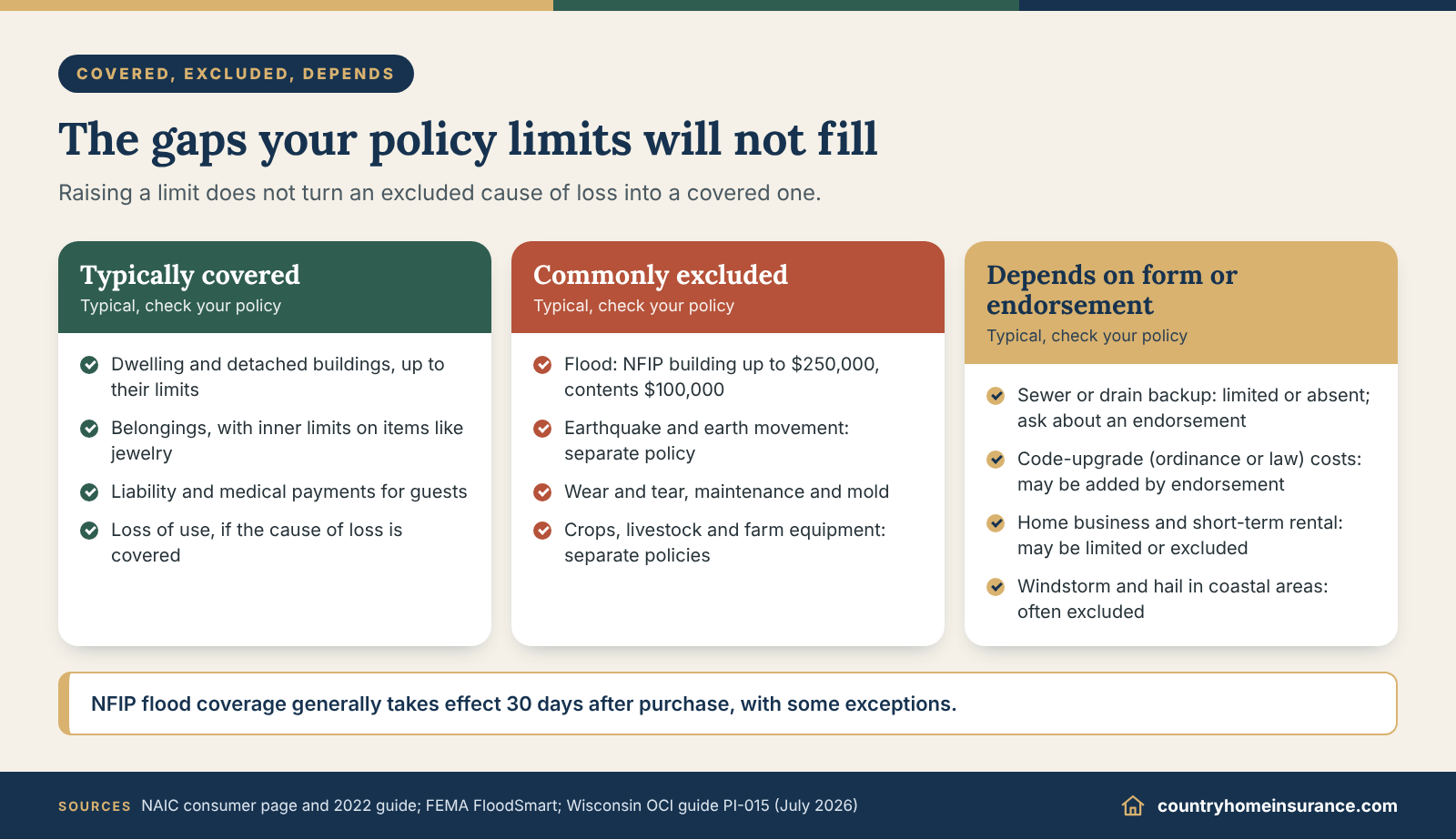Infographic: three columns sorting what a standard policy covers, excludes or leaves to endorsements when asking how much homeowners insurance