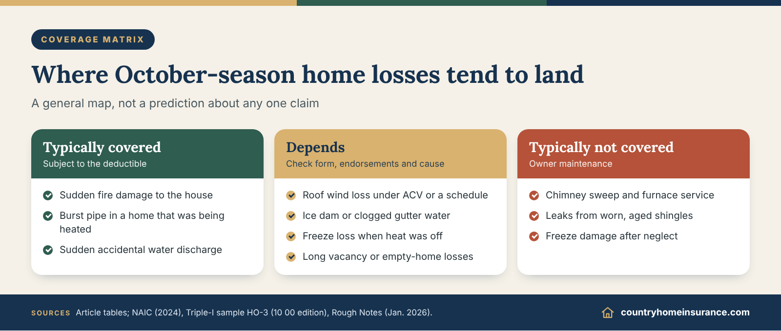 Infographic: matrix sorting October home insurance checklist losses into typically covered, depends and typically not covered