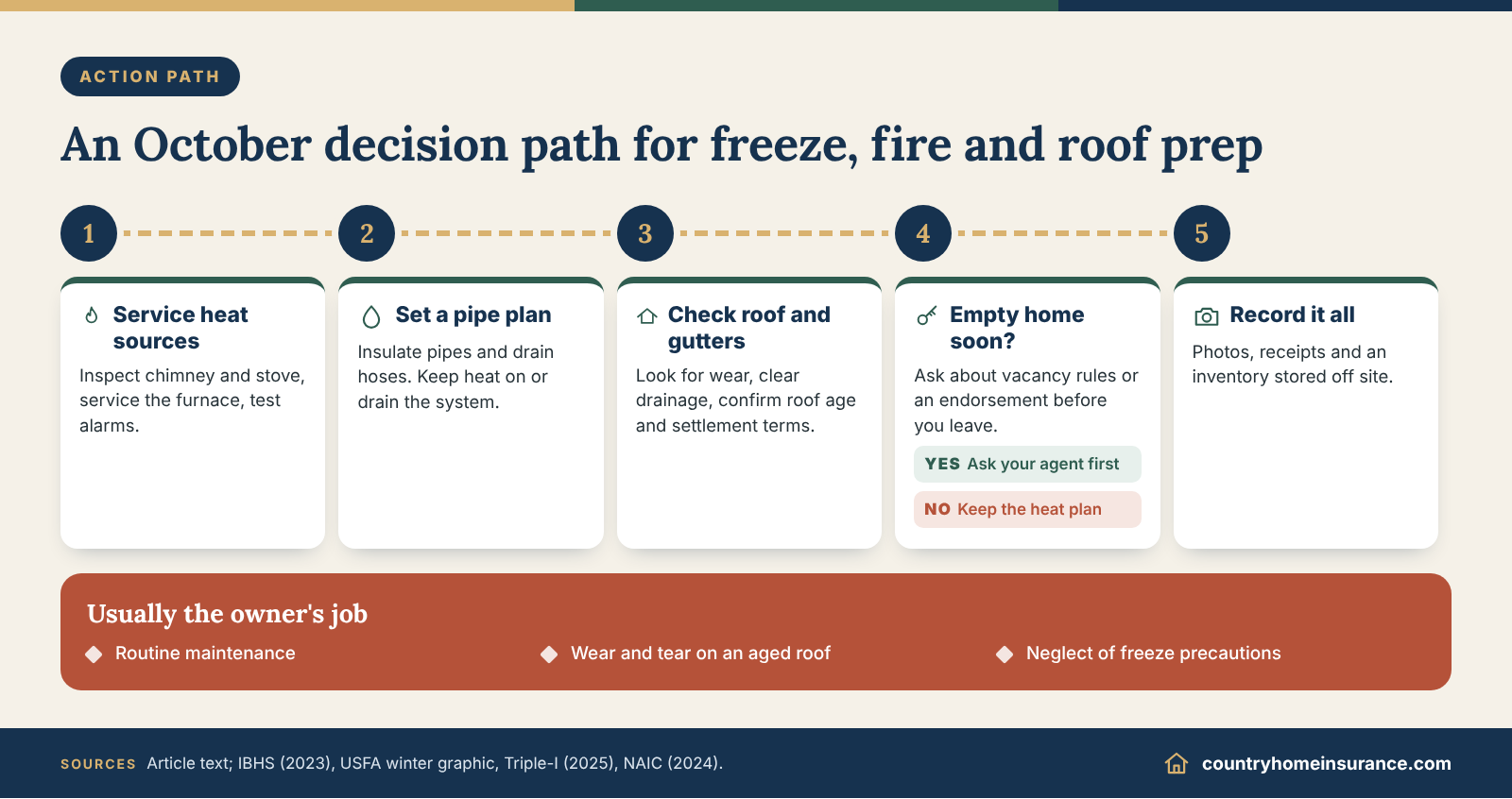 Infographic: step-by-step October home insurance checklist decision path covering heat sources, pipes, roof, vacancy and records