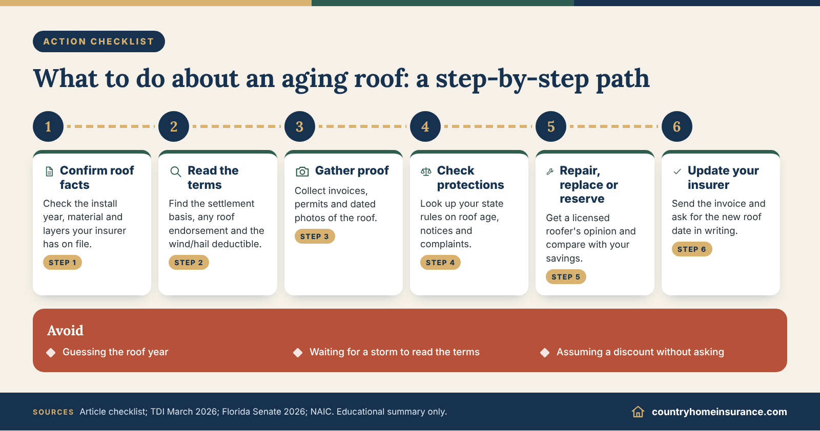 Infographic: step-by-step roof age checklist covering roof facts, settlement terms, documents, state protections and next steps