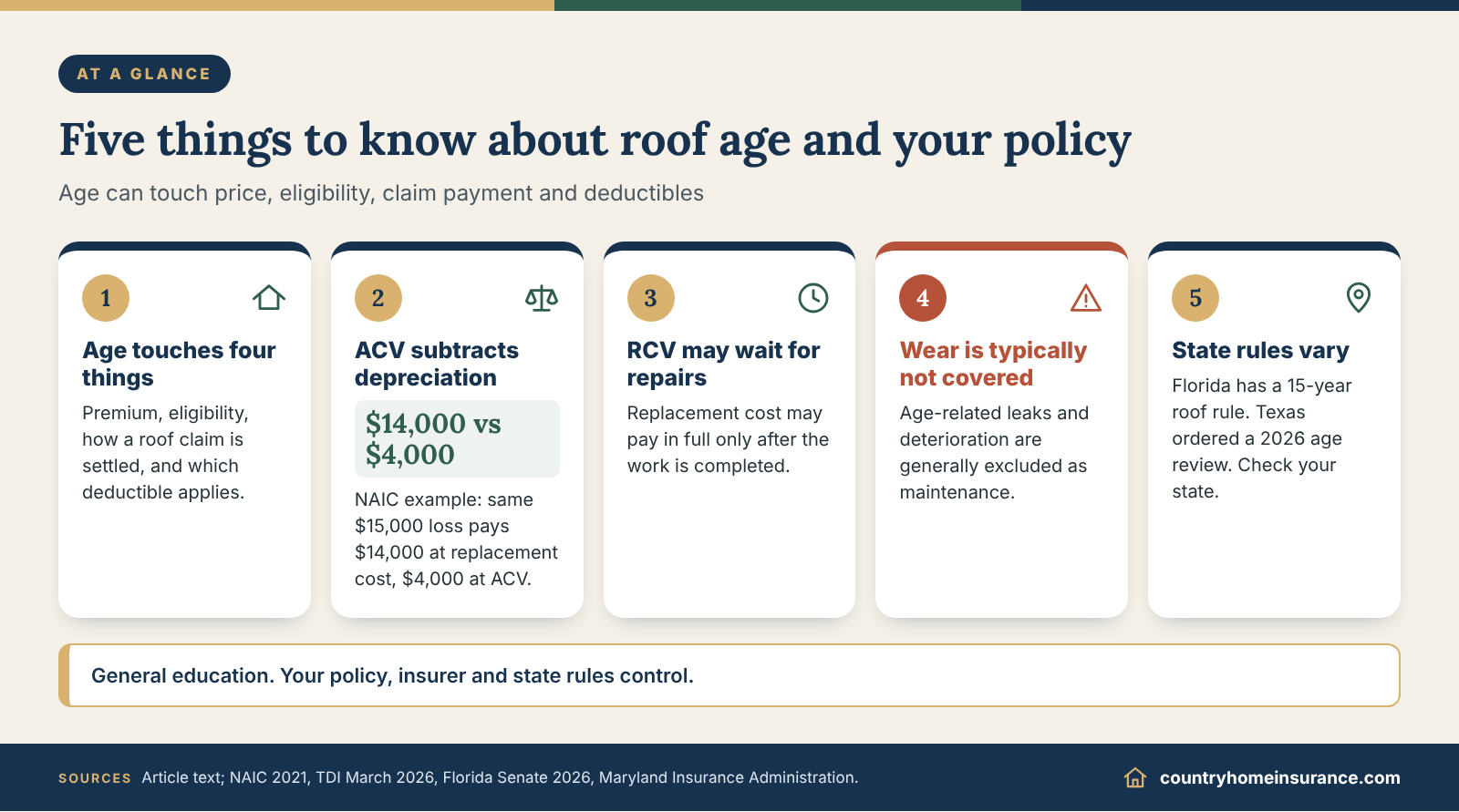 Infographic: five things to know about roof age homeowners insurance cost, shown as numbered tiles for homeowners