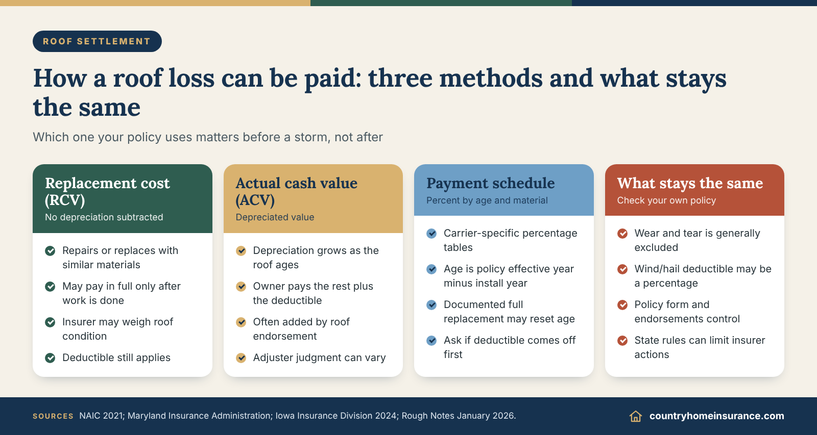 Infographic: comparing replacement cost, actual cash value and roof surfacing payment schedule settlement for a roof insurance claim