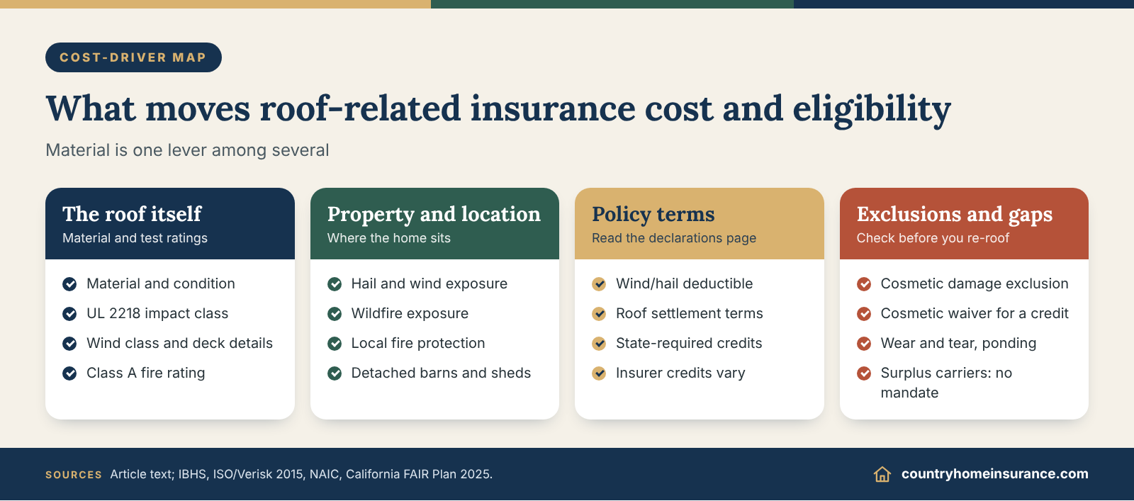 Infographic: cost-driver map showing how roof material, location, endorsements and documents affect roof material homeowners insurance rates