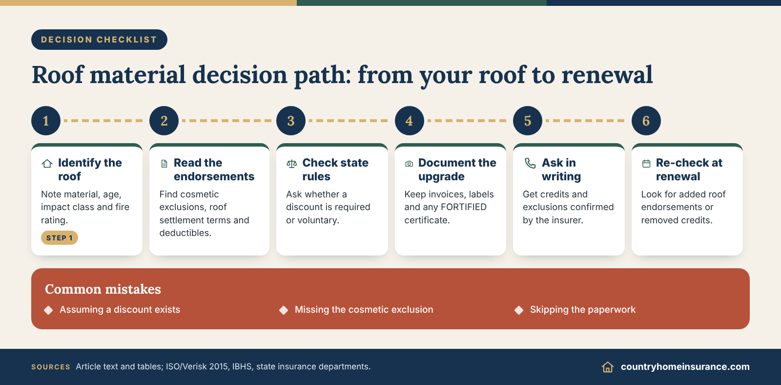 Infographic: decision path and checklist for roof material homeowners insurance rates, from identifying the roof to renewal review