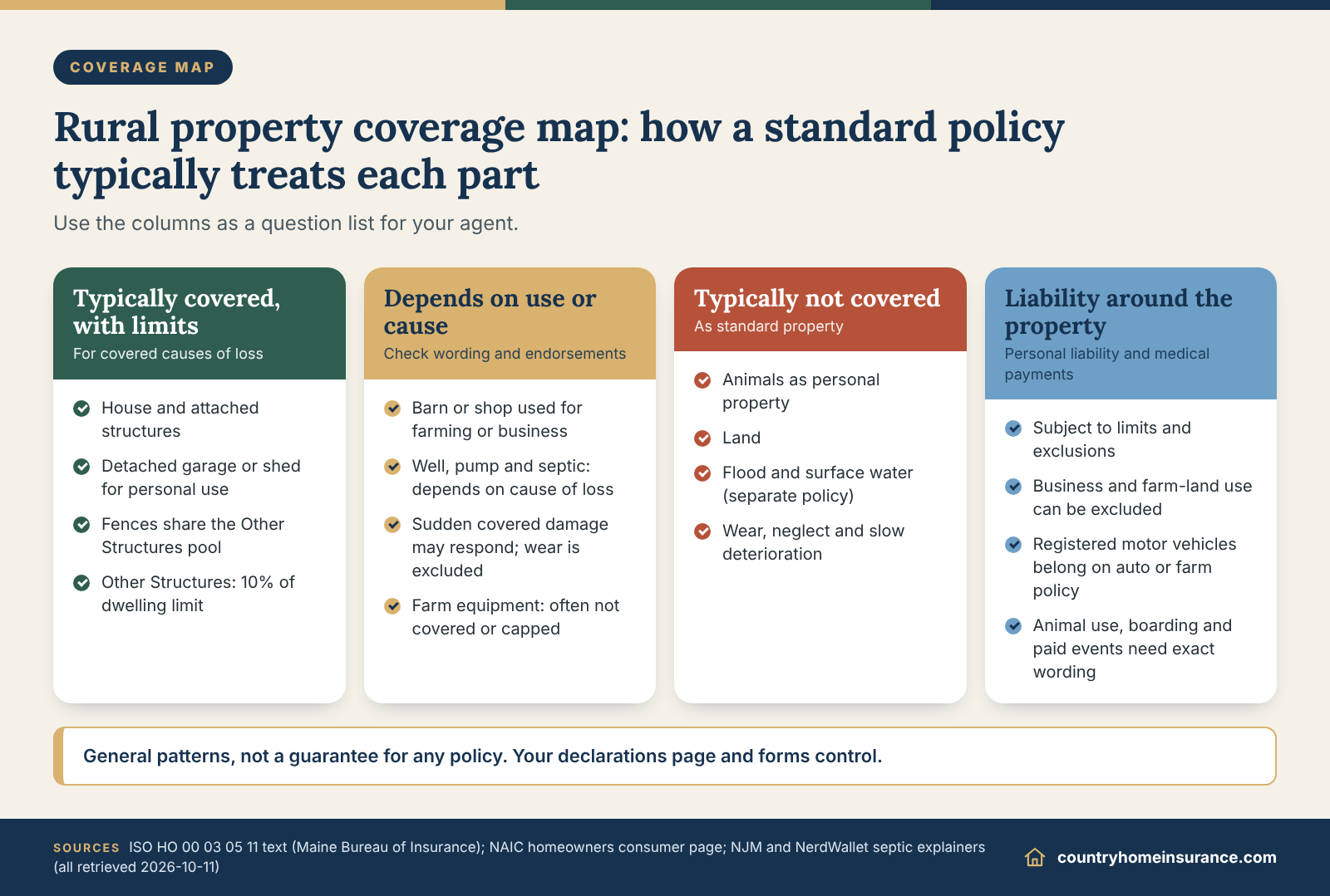 Infographic: rural home insurance coverage map showing what a standard policy typically covers, may cover or excludes