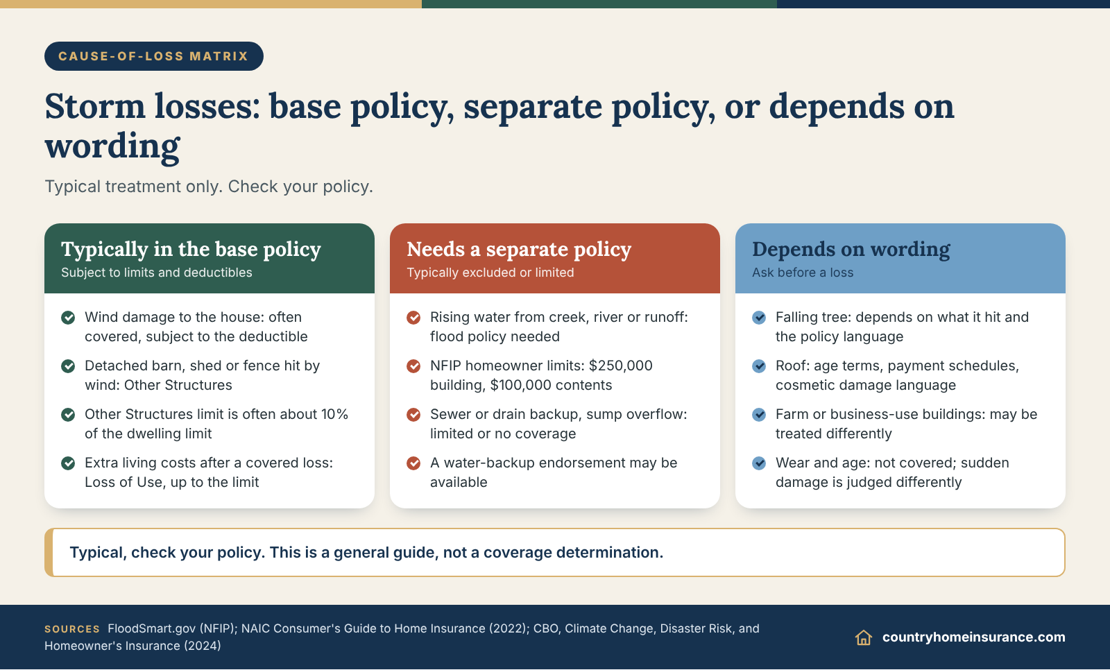 Infographic: matrix of storm losses under a september home insurance checklist, sorted into base policy, separate policy and depends