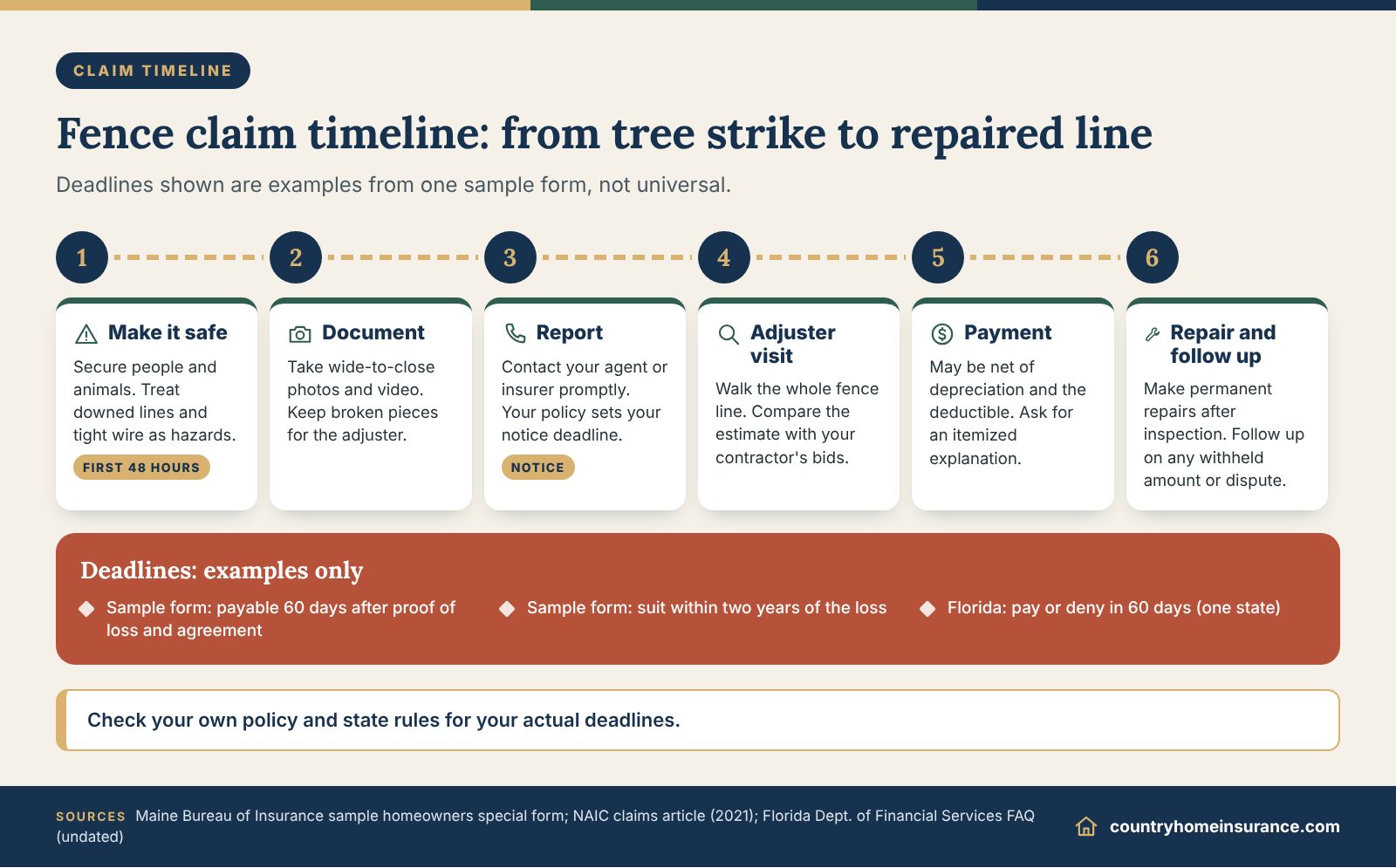 Infographic: six-stage timeline of a tree fell on fence insurance claim, from making the area safe to repair and follow-up