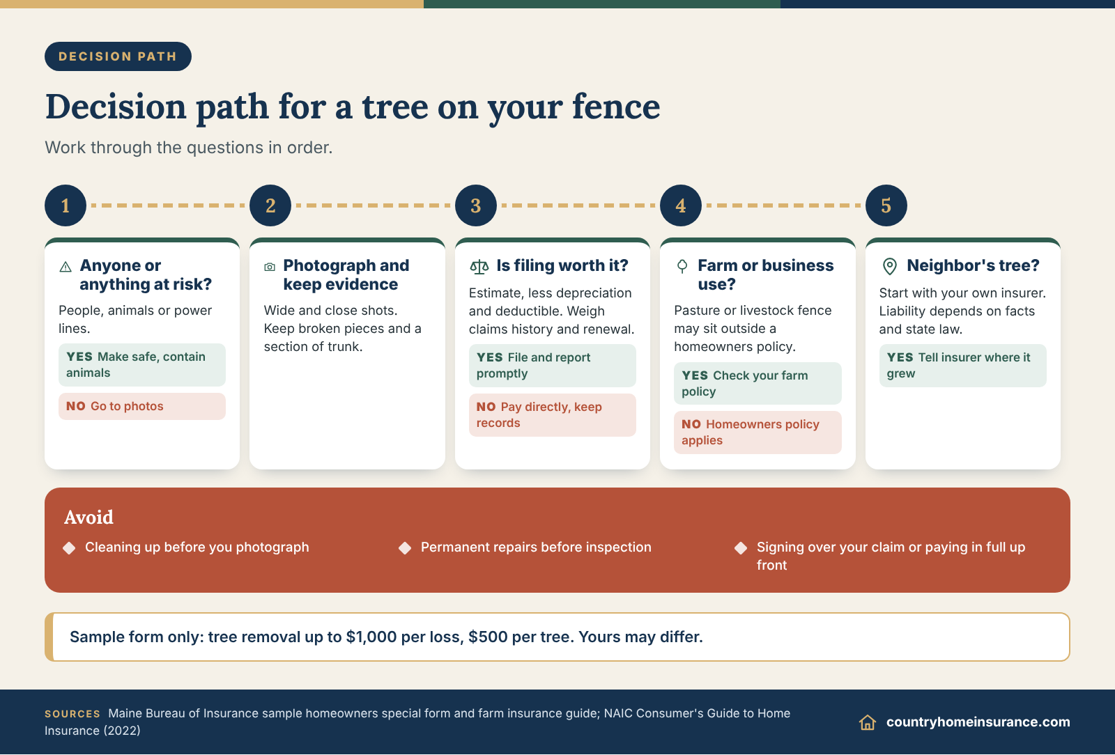 Infographic: decision path for a tree fell on fence insurance claim, from safety and photos to filing or paying yourself